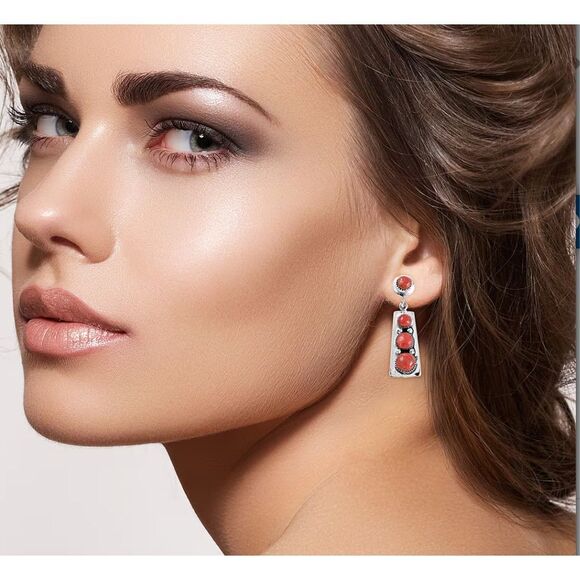 Santa Fe Style Coral Drop Earrings in Sterling Silver - Picture 5 of 7